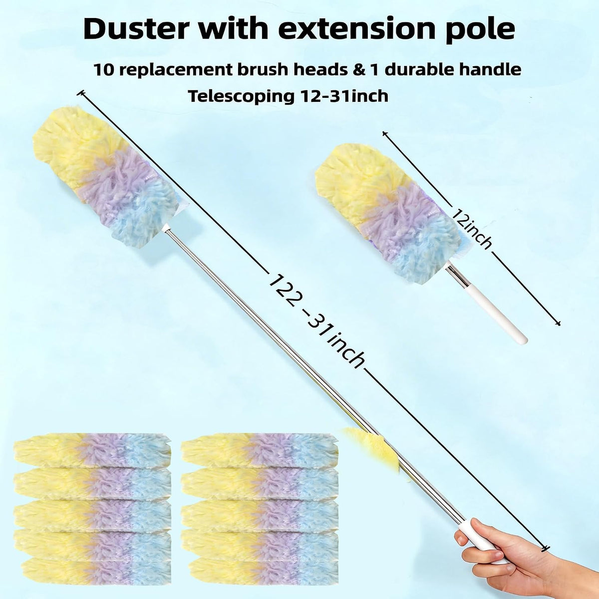 Heavy Duty Duster Refills, Disposable Dusters Kit for Cleaning Dusting Furniture Blind Ceiling Fan, Multi Surface 360 Feather Duster(10)+3FT Extended Handle（1） (Colorful)