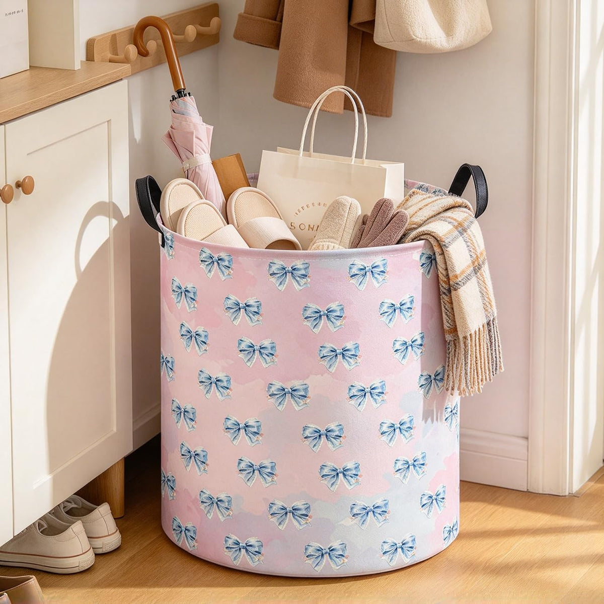 19.7" Laundry Basket,Dirty Clothes Hamper,Waterproof Storage Bin,Room Decor,Gift Baskets(Dreamy Blue Bow)