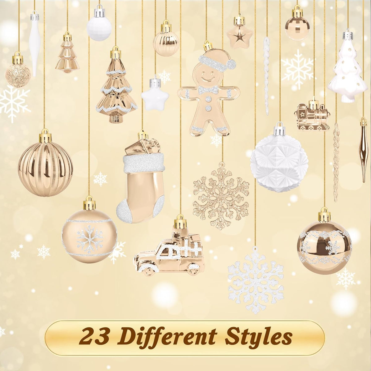 FestiveBliss Christmas Ornaments 71 Count, Champagne & White