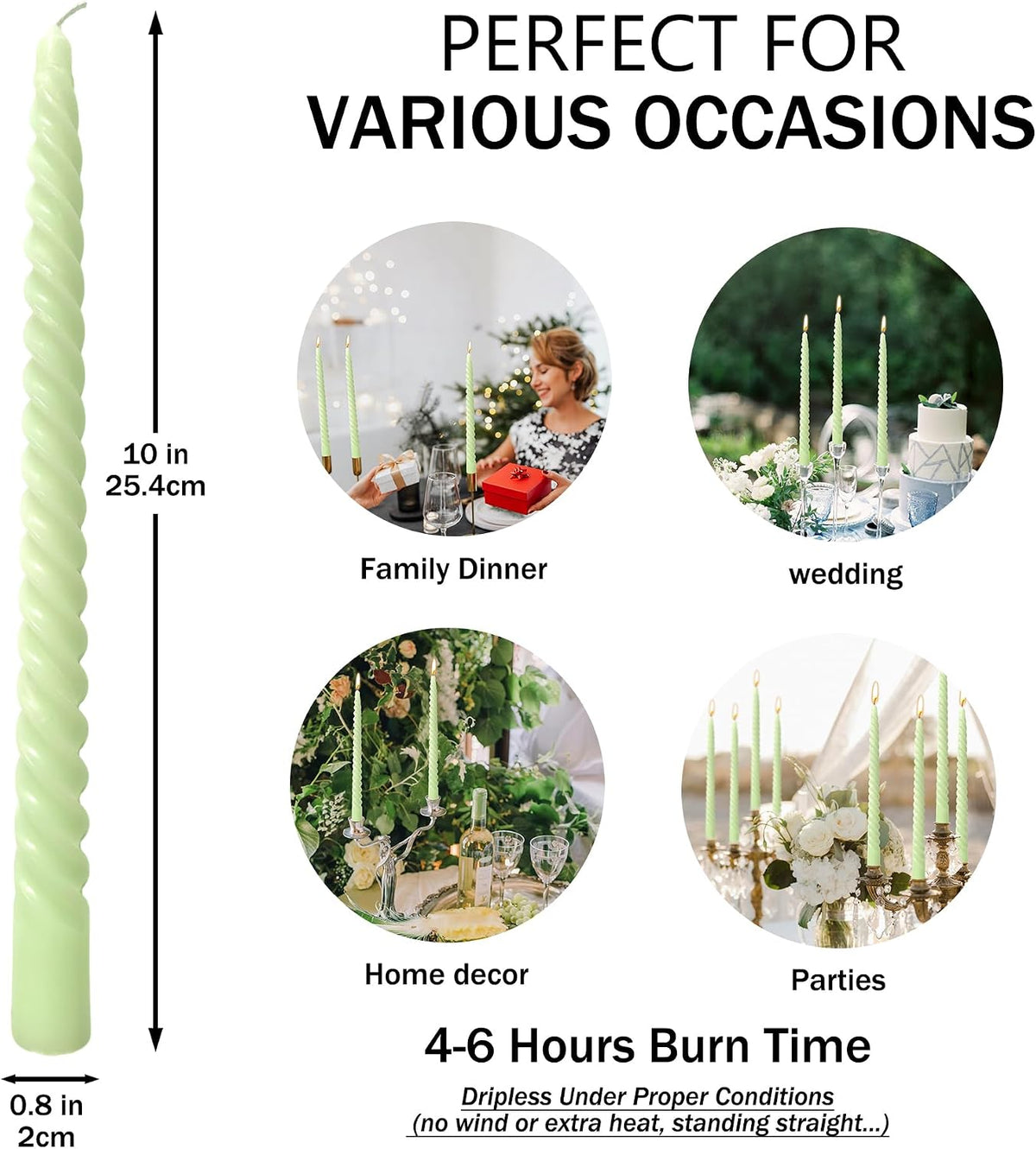 10 Inch light Green Taper Candle Set, 10 Pack Unscented Dripless Candlesticks for Family Dinner Parties Spring Home Decoration and Wedding