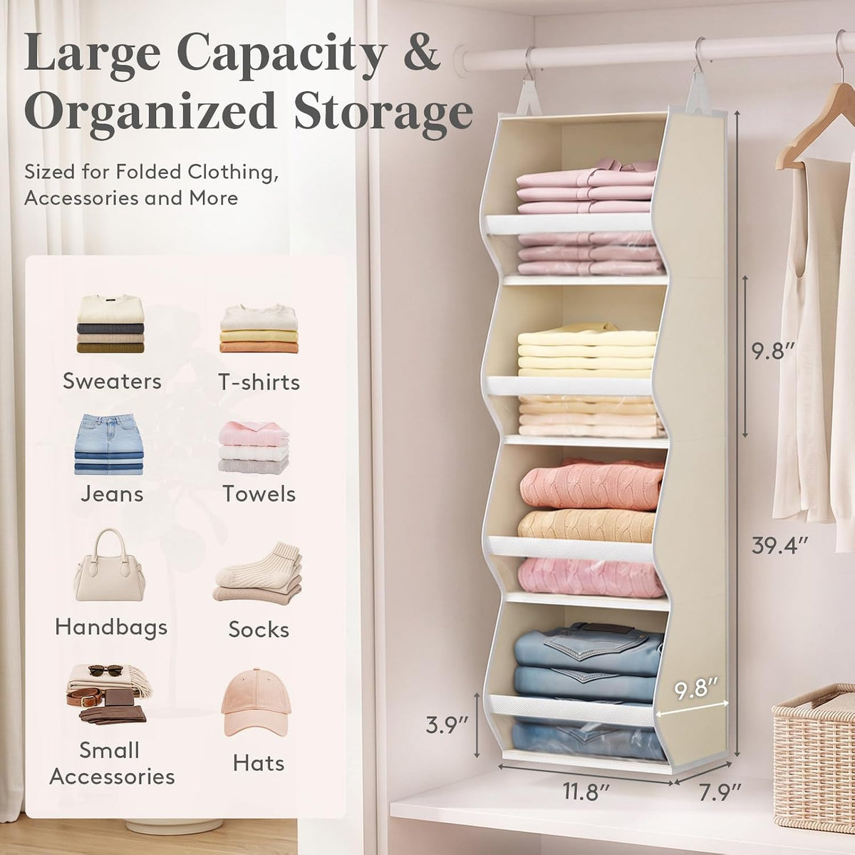 Lifewit Hanging Closet Organizer and Storage for Clothes, Beige, 2 Pack
