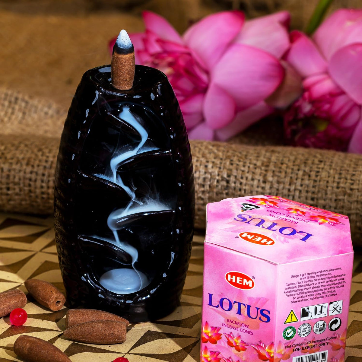 HEM Lotus Backflow Brown Incense Cones | Long Lasting Aroma for Positivity & Pure Air | Pure Herbs, Wood Powder | Aromatherapy For Stress Relief, Air Purifier & Cleansing | Gift Set - Pack of 40 cones