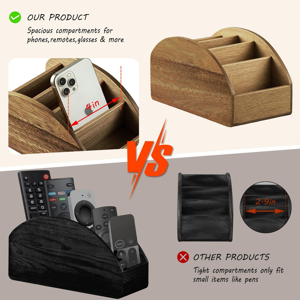 Wood TV Remote Control Holder, Cute Pen/Pencil Holder, Desktop Organizer