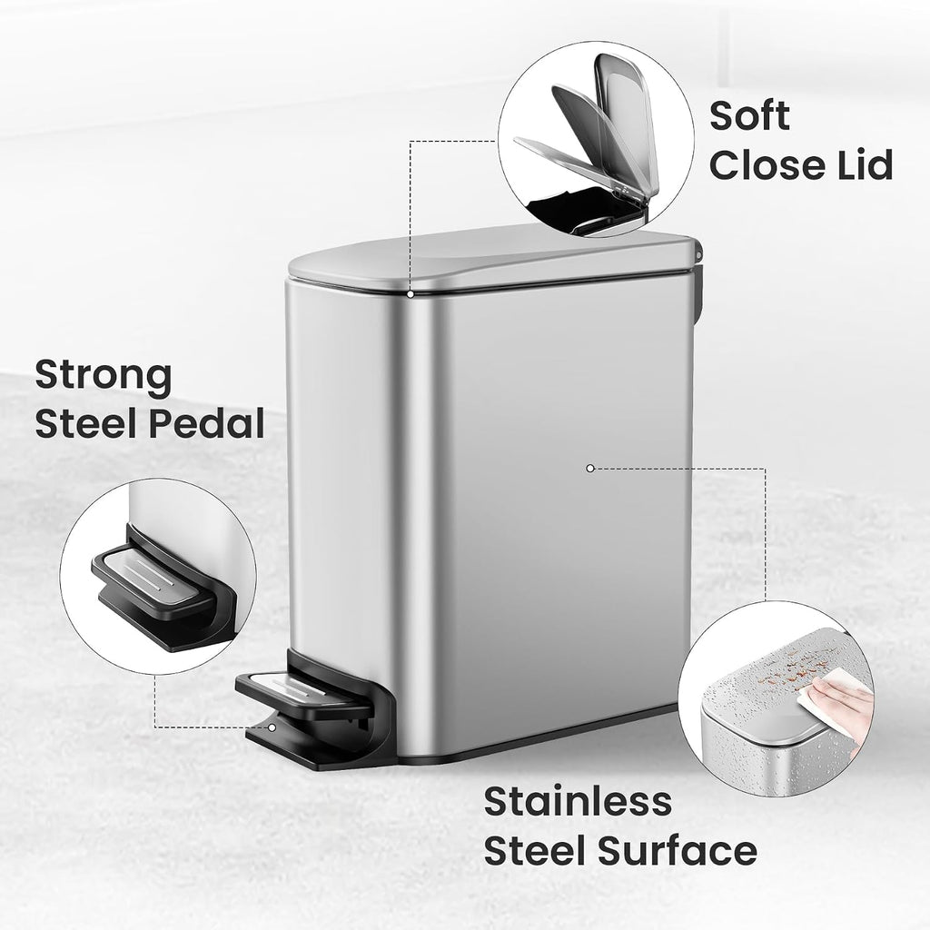 Cesun Small Bathroom Trash Can with Lid, 1.6 Gal, Soft Close, Sliver
