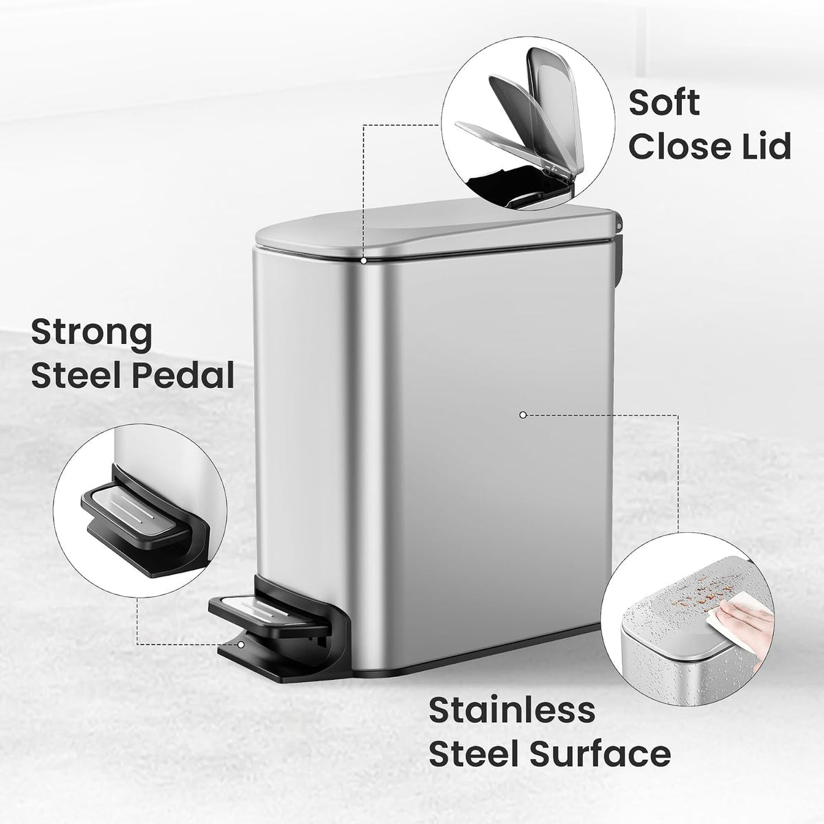Cesun Small Bathroom Trash Can with Lid, 1.6 Gal, Soft Close, Sliver
