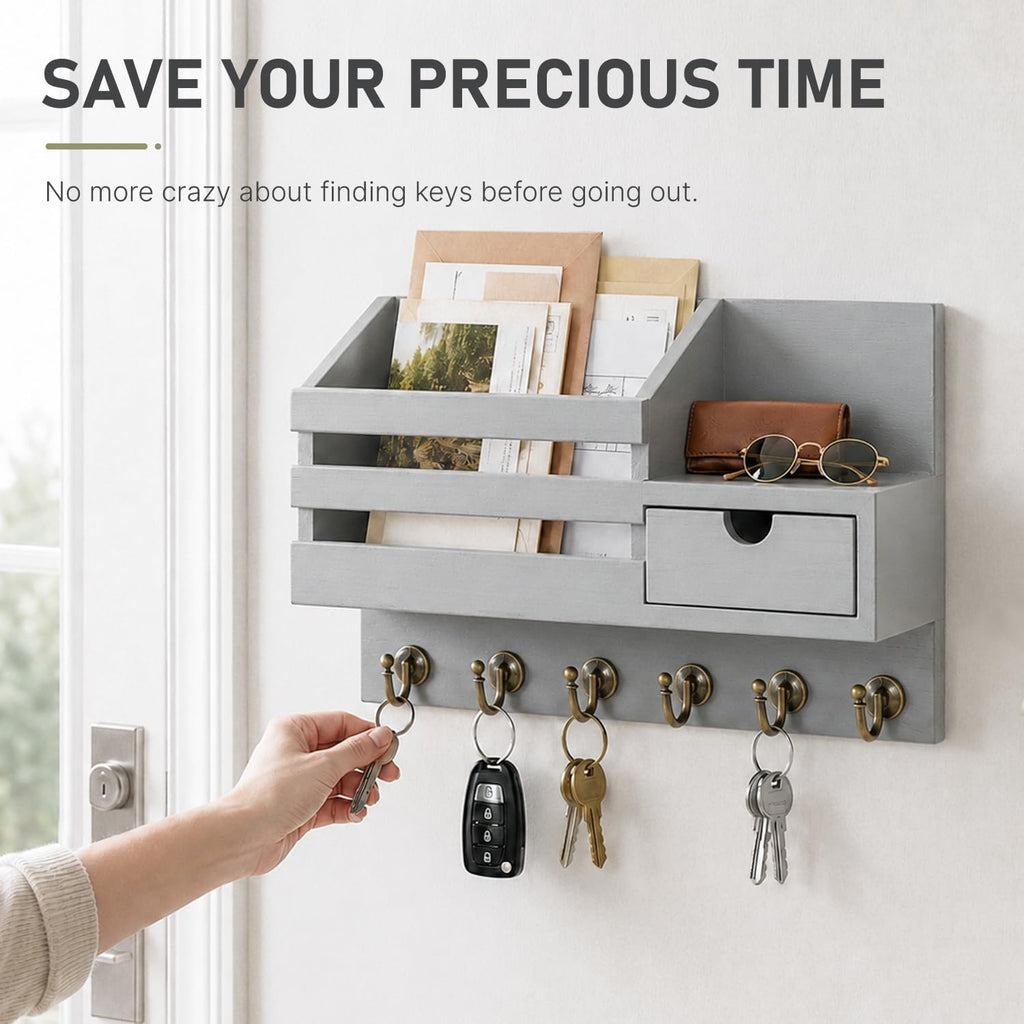 FifthQuarter Key Holder for Wall with Drawer and 6 Sturdy Hooks, A-Grey