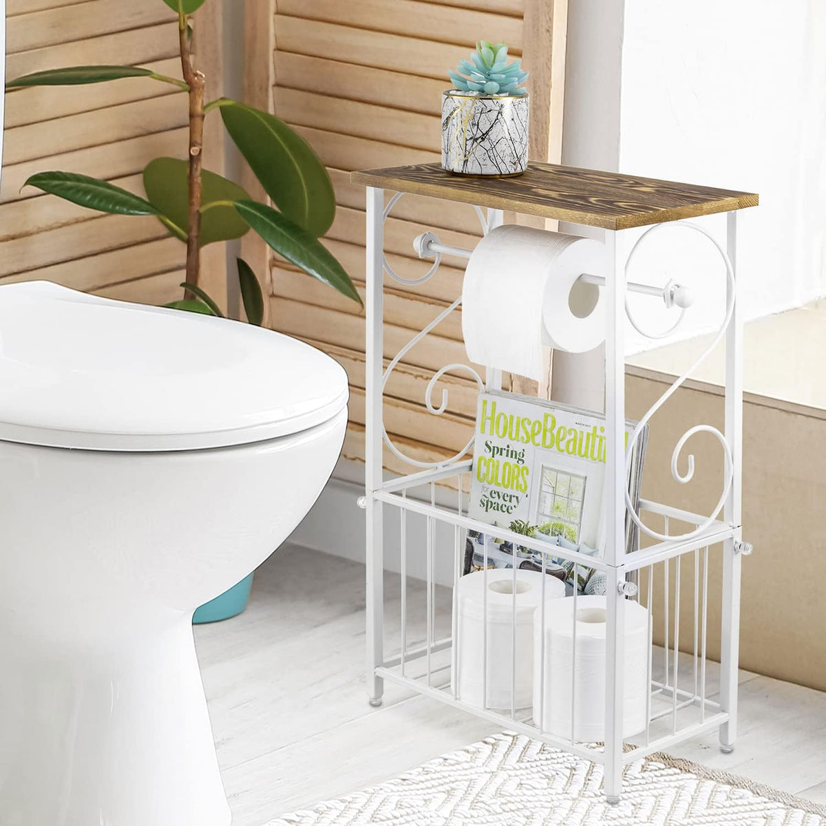 MyGift White Toilet Paper Holder Stand with Wood Shelf & Magazine Basket