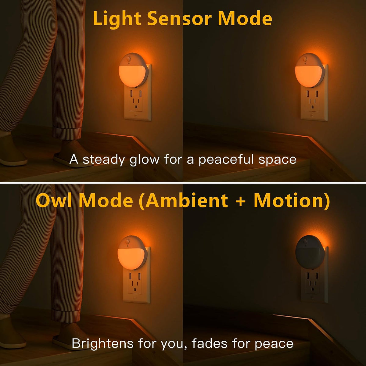 YUNLEX Amber Motion Sensor Night Lights Plug into Wall, 2 Pack