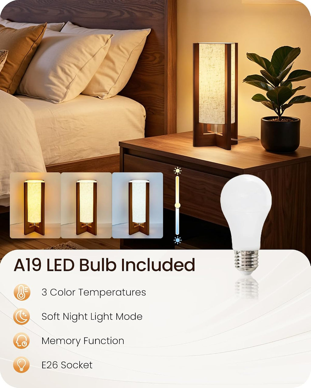 Small Bedside Lamp, 13.4" Modern Wood Table Lamp with LED Bulb