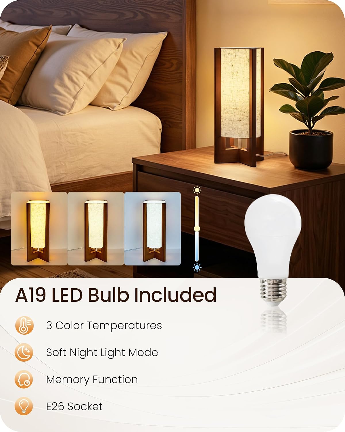 Small Bedside Lamp, 13.4" Modern Wood Table Lamp with LED Bulb