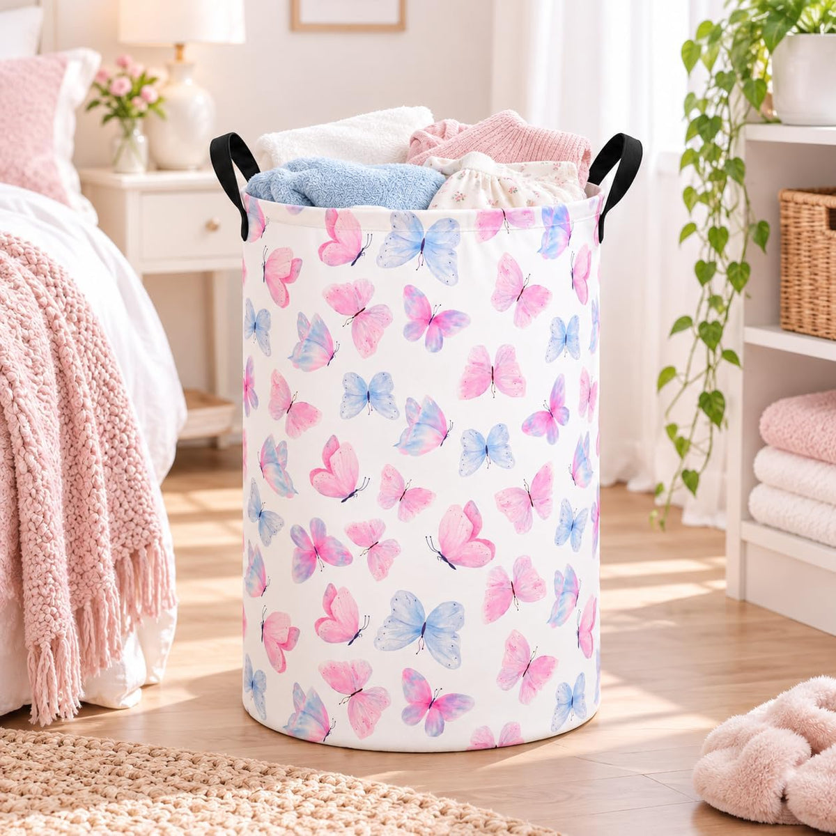 Butterfly Storage Basket for Girls and Kids, Round Collapsible Laundry Hamper with Handles, Pink Blue Butterfly Organizer Bin for Clothes, Toys Room, Nursery, Bedroom Dorm and Gifts