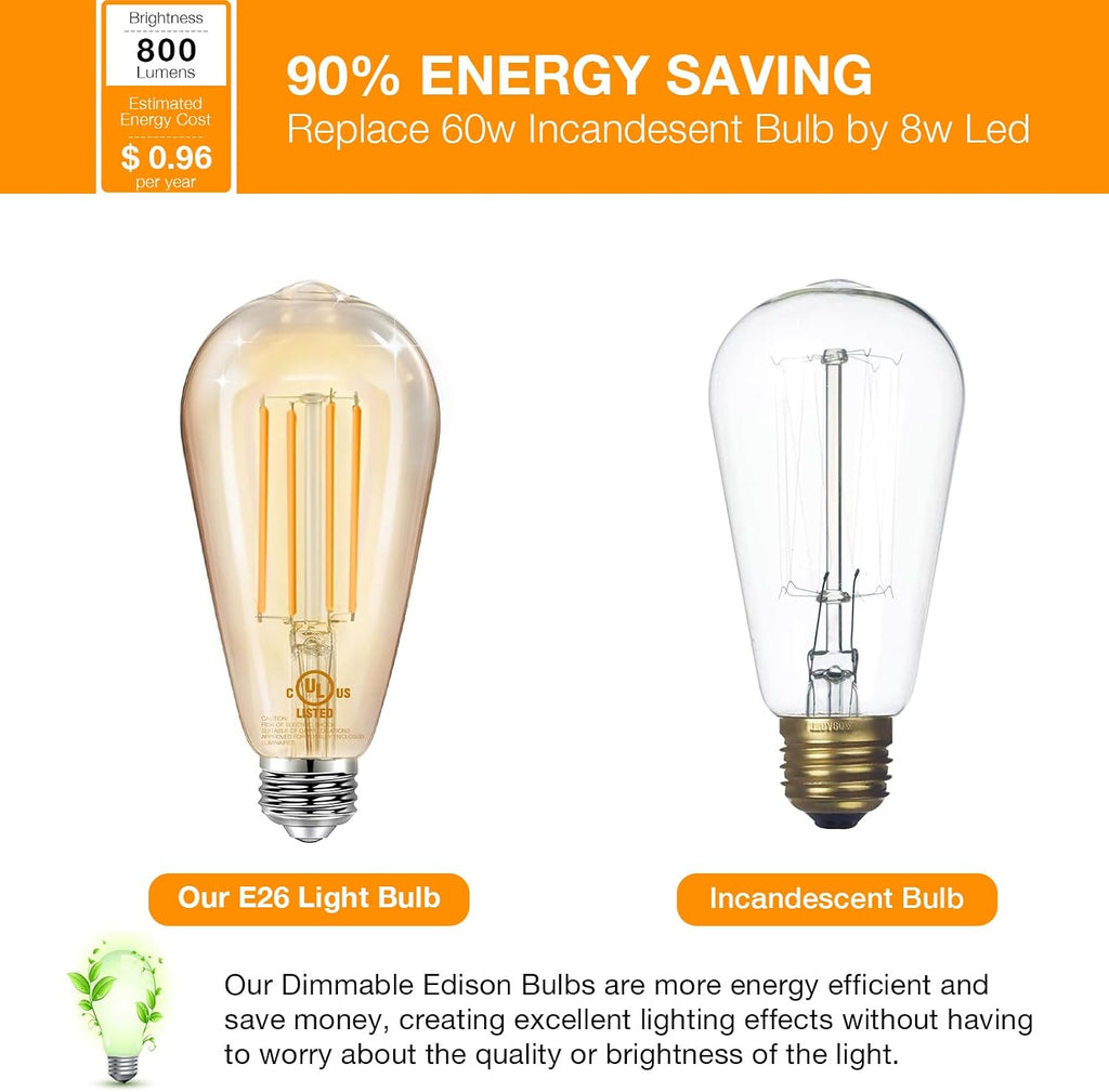 DAYBETTER 16 Pack Vintage LED Edison Bulbs, E26 Led Bulb 60W Equivalent, Dimmable Led Light Bulbs, High Brightness 800 LM Amber Warm 2200K, ST58 Antique Filament Bulbs, Clear Glass Style for Home