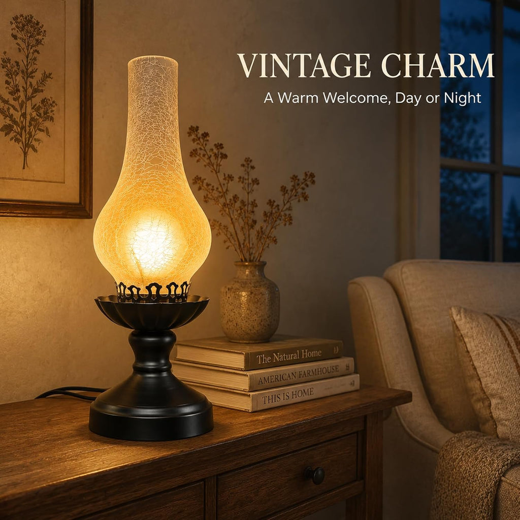 Vintage Table Lamp with Crackle Milk-White Glass Shade