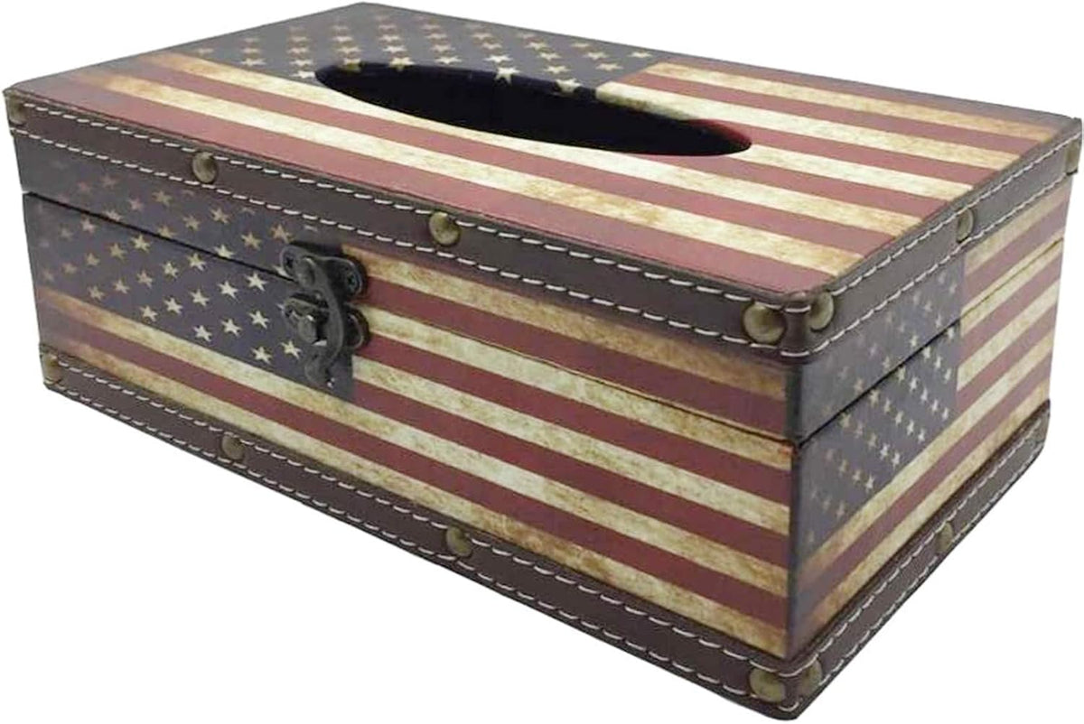 DreamsEden Wooden Tissue Box Cover Holder - Vintage Flag Style Classical Napkin Box for Home Office Room Decor (American Flag)