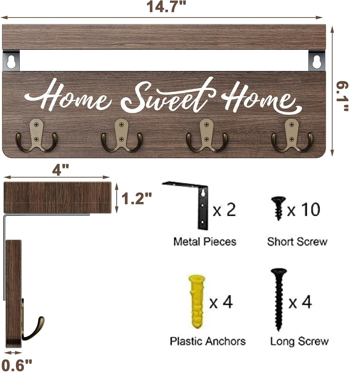 buways Key Holder Wall Mount with 8 Hooks and Cozy Home Sign (Brown)