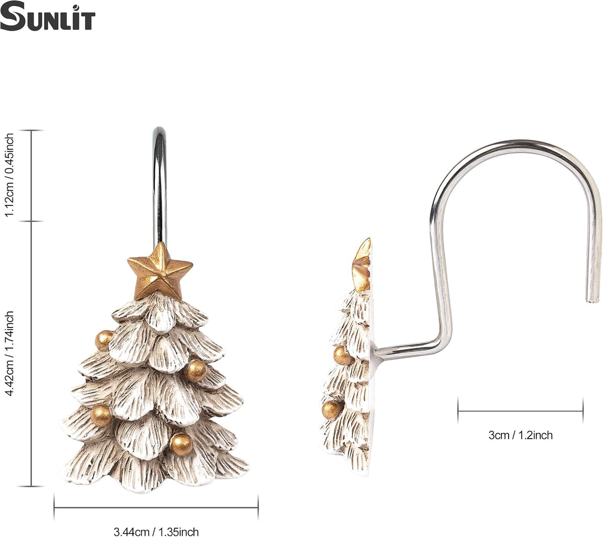 Sunlit Christmas Tree Decorative Shower Curtain Hooks with Star, Shower Curtain Rings, Resin, Xmas Theme Winter Holiday Bathroom Decoration, Set of 12, White Tree with Golden Balls Ornaments