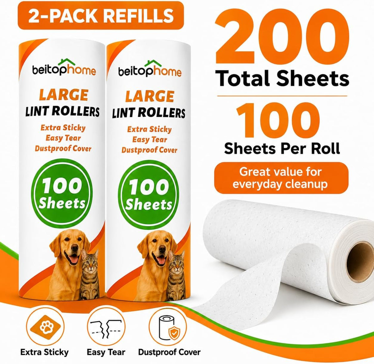 Large Lint Roller Refills, 9.44-Inch Wide, 200 Sheets