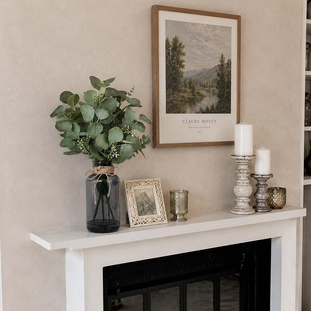 SwanMoon Artificial Eucalyptus Stems in Glass Vase with Faux Water, 14 Inch Mini Faux Greenery Plant for Bathroom Vanity, Coffee Table, Farmhouse Office, Wedding Home Table Centerpieces Decor