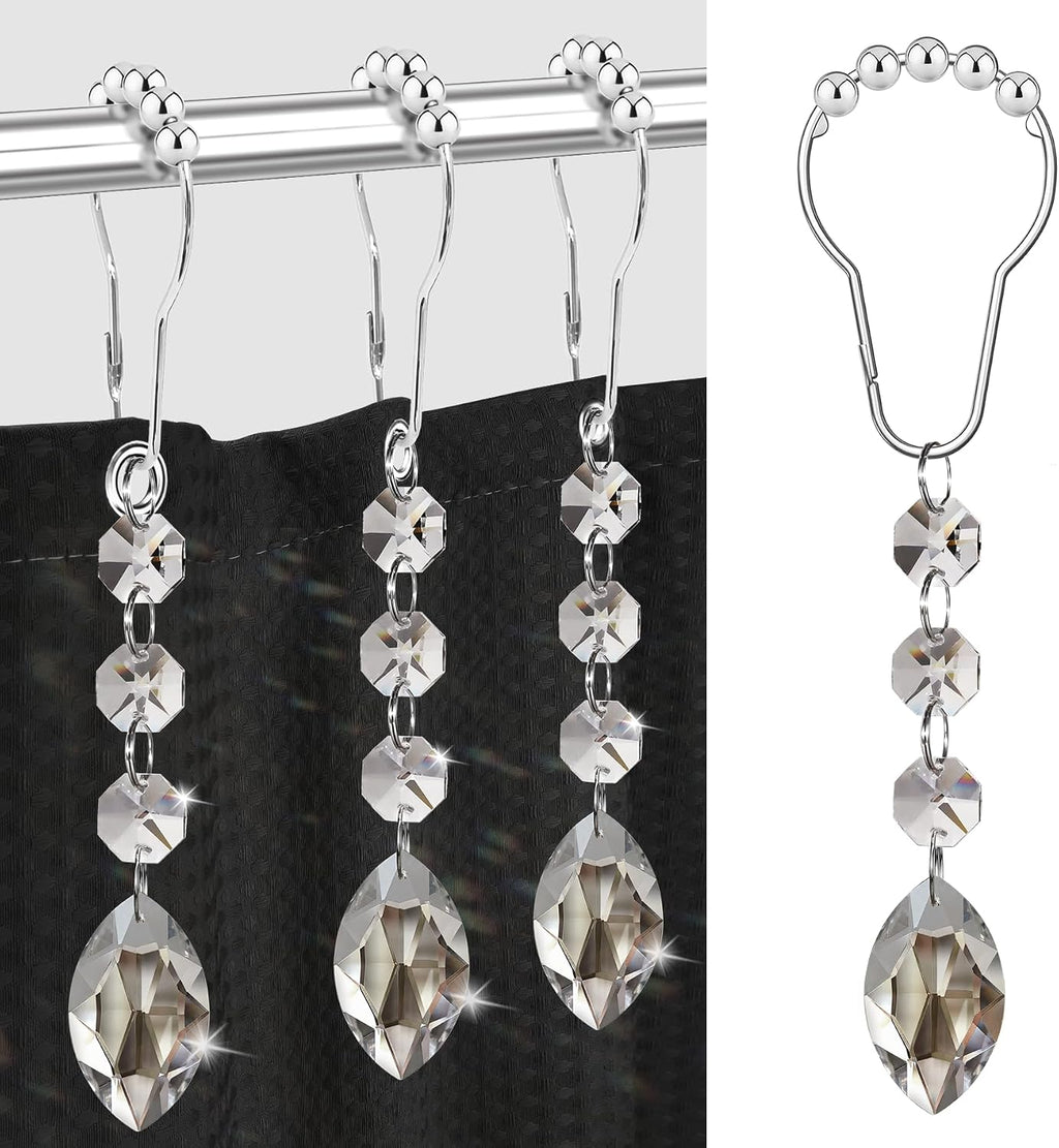 Shower Curtain Hooks Rings for Bathroom, 12PCS Shower Hooks with Gemstone Crystal Bead Charms, Stainless Steel Rust Resistant Curtain Rings (Clear Eye Charm)