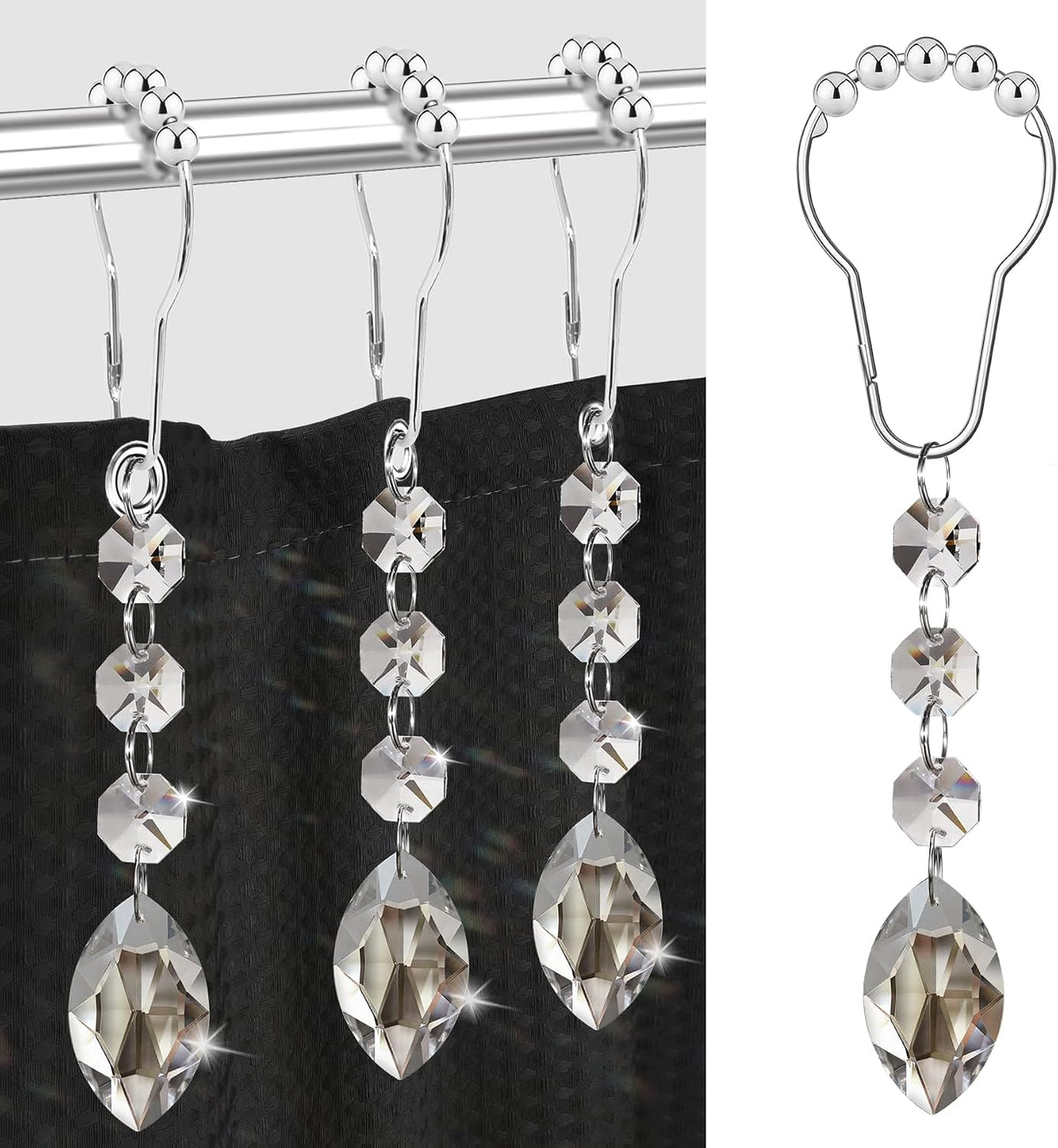 Shower Curtain Hooks Rings for Bathroom, 12PCS Shower Hooks with Gemstone Crystal Bead Charms, Stainless Steel Rust Resistant Curtain Rings (Clear Eye Charm)