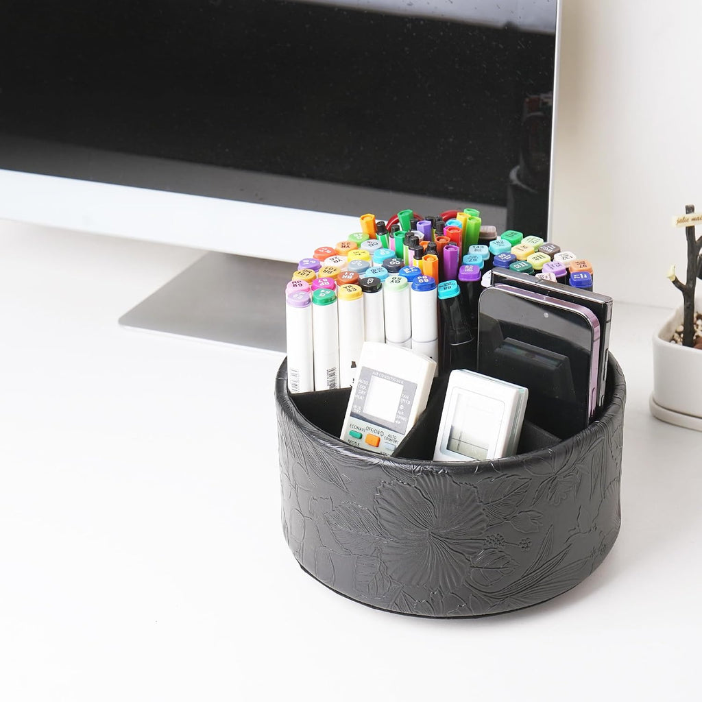 lizimandu Remote Control Holder, 360°Spinning PU Leather Desk TV Remote Caddy,Desk Storage Box Room Accessories for Controller, Media,Mail,Calculator, Mobile Phone,Pencil(1B-Carved Black)
