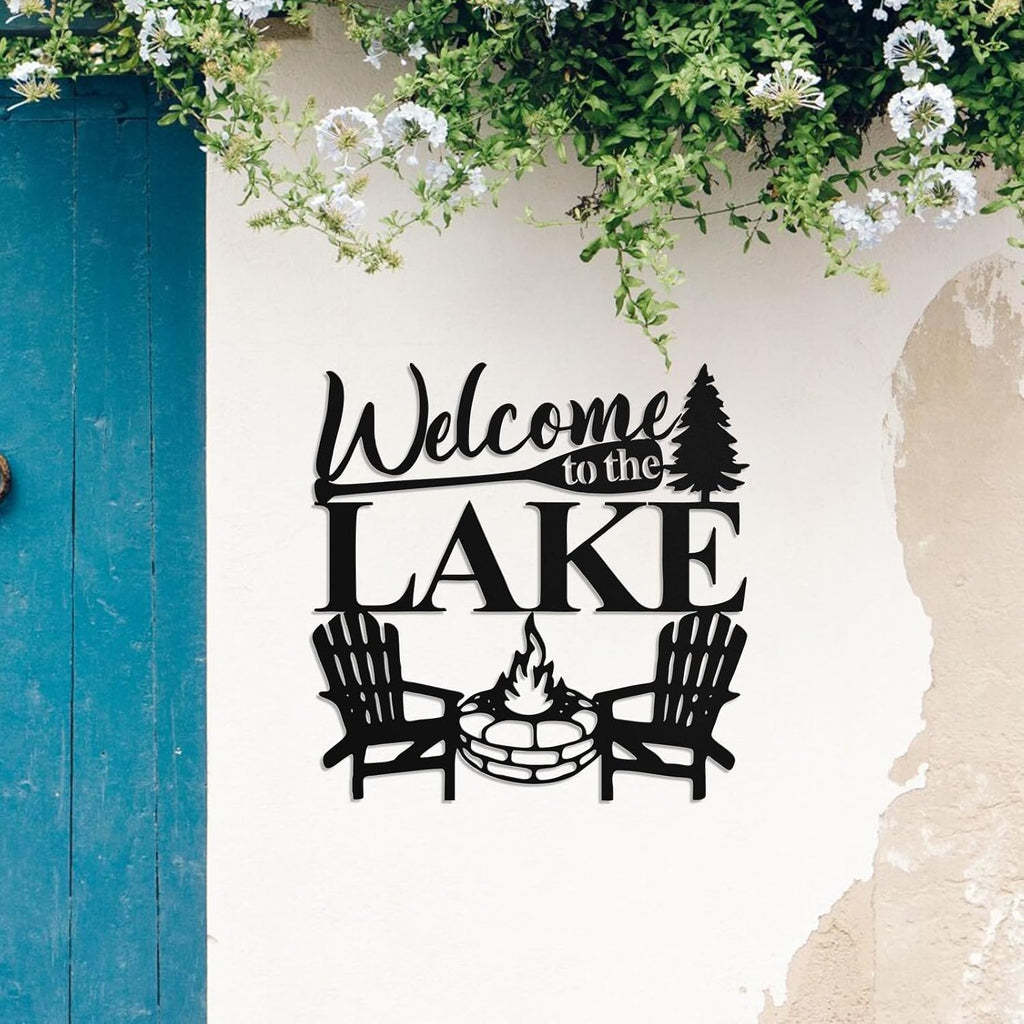 Hnatzu Welcome to The Lake Wall Art,Rustic Lake Life Metal Decor for Cabin or Porch,Vintage Style Housewarming Gift for Lake Home Owners