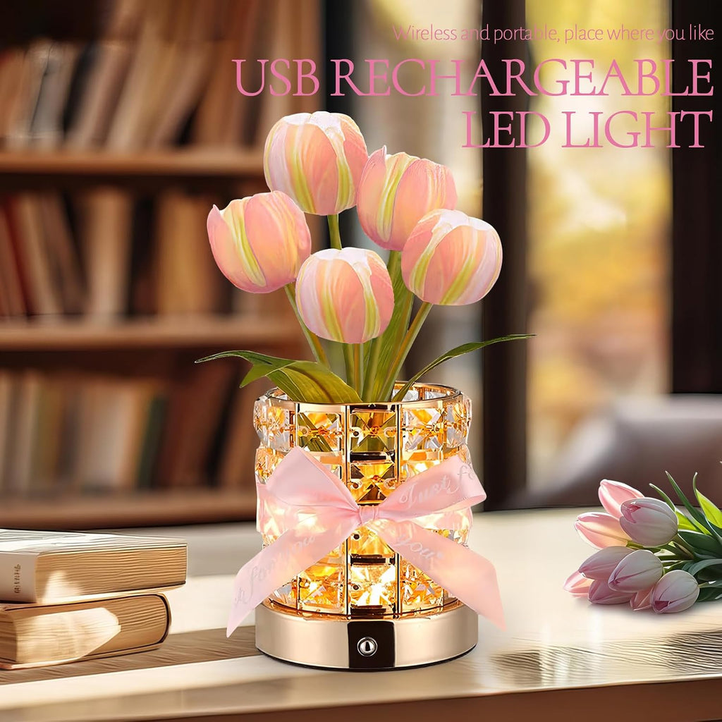 Tulip Flower Lamps, Rechargeable Cordless Small Desk Lamp, 3 Colors Dimmable Artificial Flowers Night Light, Fake Bouquet 5 Tulip with Crystal Vase for Home Date Party Decoration (Tulip-Pink)