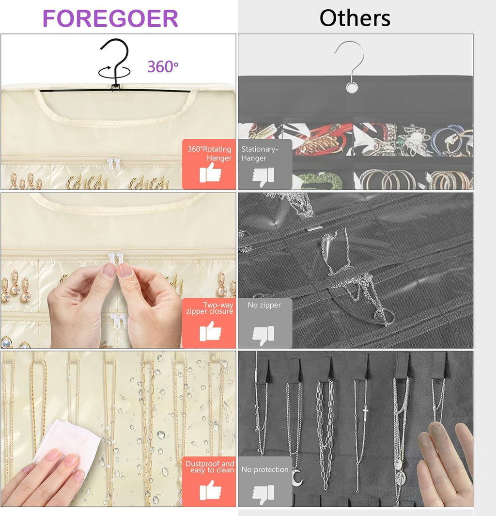 FOREGOER Hanging Jewelry Organizer 32 Zippered Pocket, 2-Sided, Beige