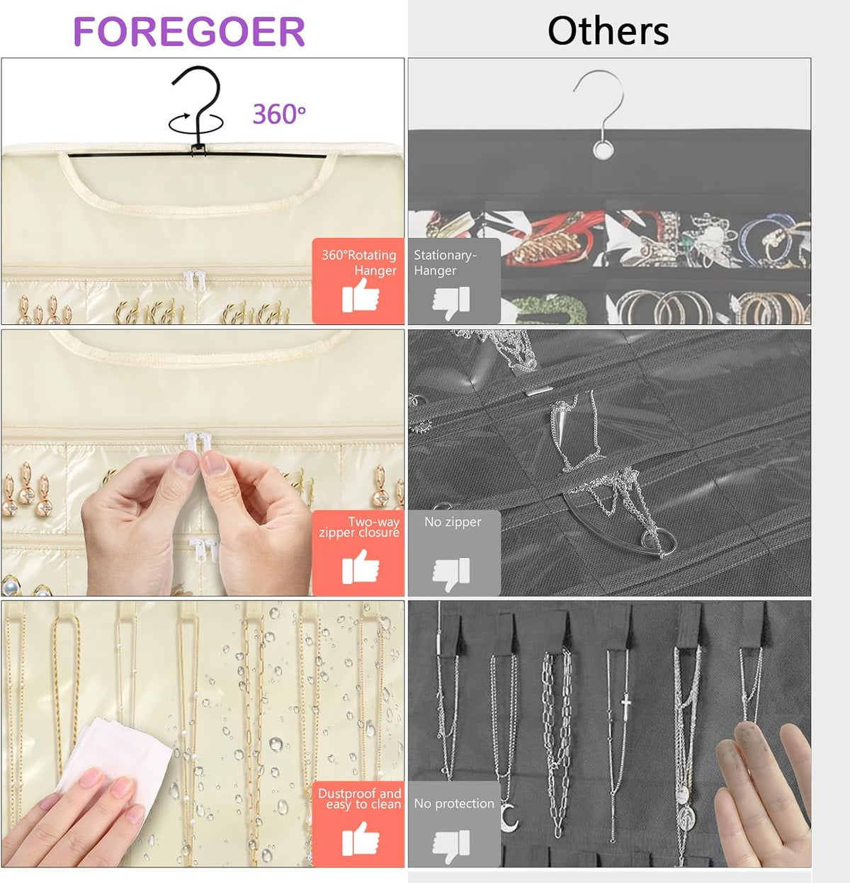 FOREGOER Hanging Jewelry Organizer 32 Zippered Pocket, 2-Sided, Beige