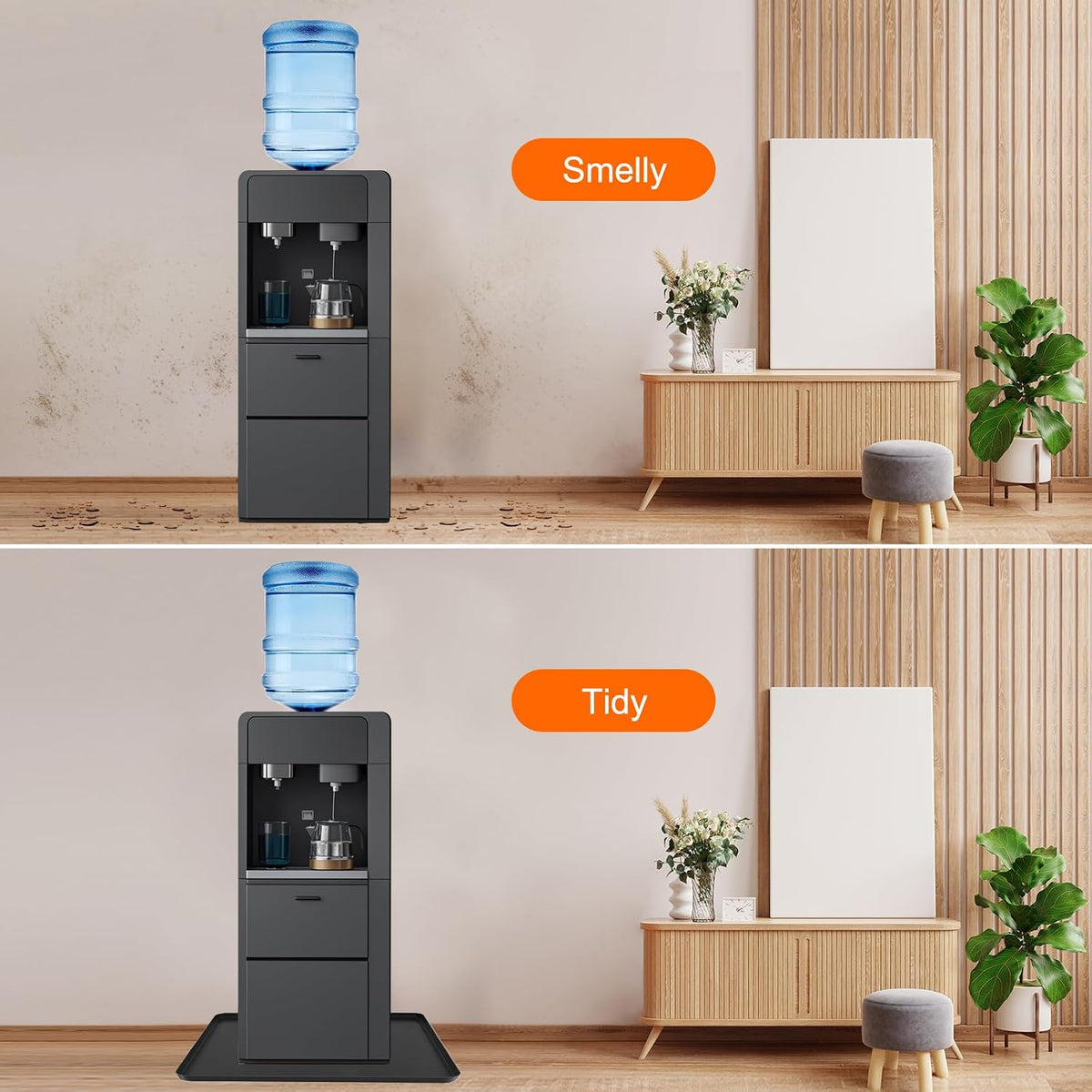 Water Cooler Mat, 24x16x0.8 Inch Non-Slip Thick Under Water Dispenser Silicone Mat With Raised Edges, Leak-Proof Air Conditioner Drip Pan For Carpet Floor Protection, Black