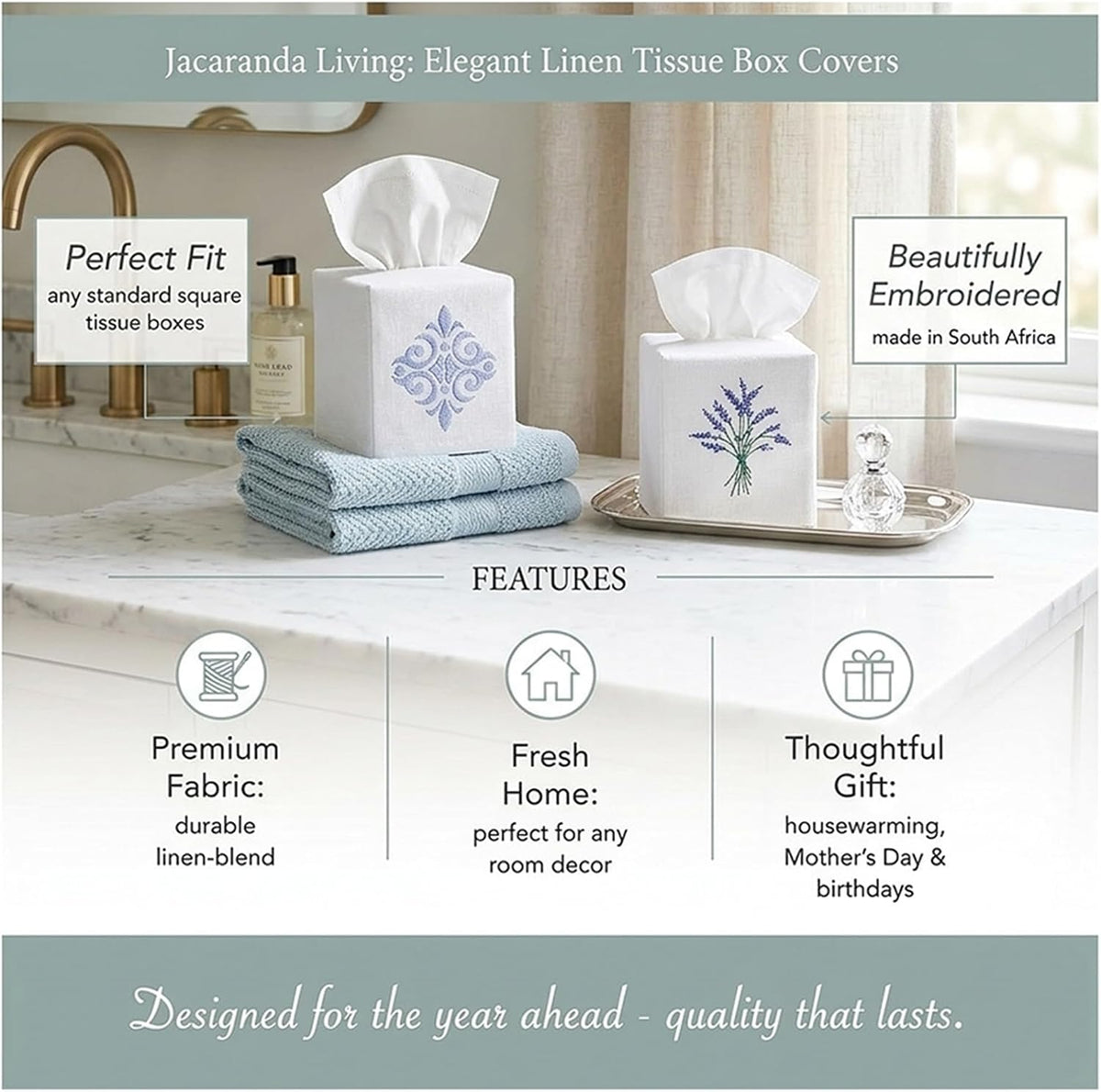 Jacaranda Living Square Tissue Box Cover, Linen/Cotton Fabric Tissue Holder, Decorative Cloth Tissue Cube Cover, Embroidered Bee Designs, Napoleon Bee Wreath (Duck Egg Blue)