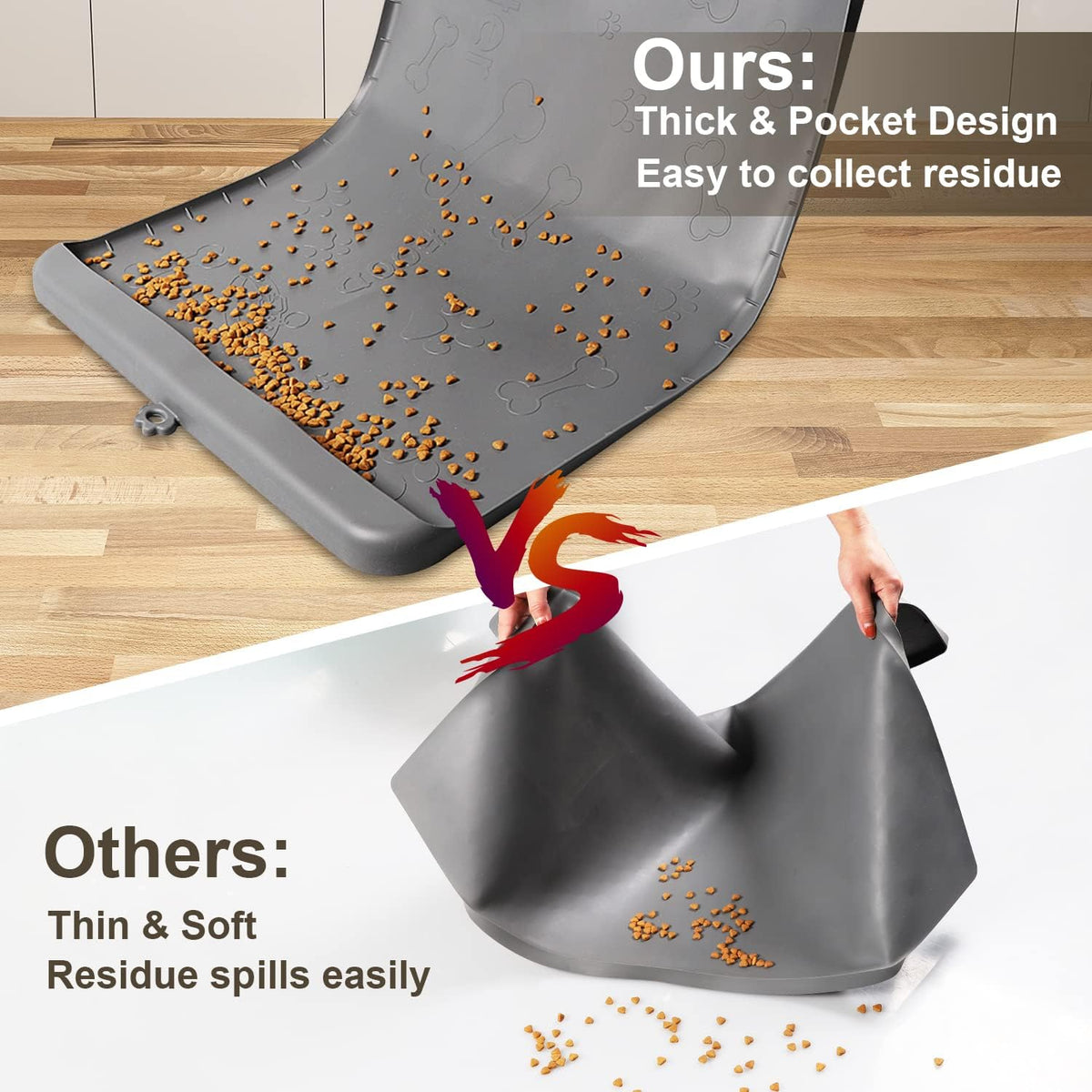 Dog Food Mat 36"x24" - Silicone Dog Mat for Food and Water Large Pet Feeding Mats with Residue Collection Pocket - Waterproof Dog Cat Bowl Mat with High Edges to Prevent Water Food Spills (Gray)
