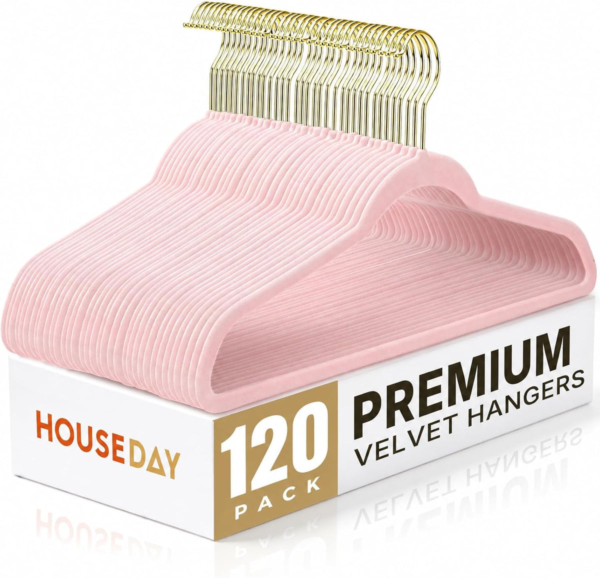 HOUSE DAY Pink Velvet Hangers 120 Pack with Gold Hooks, Non-Slip, No Marks