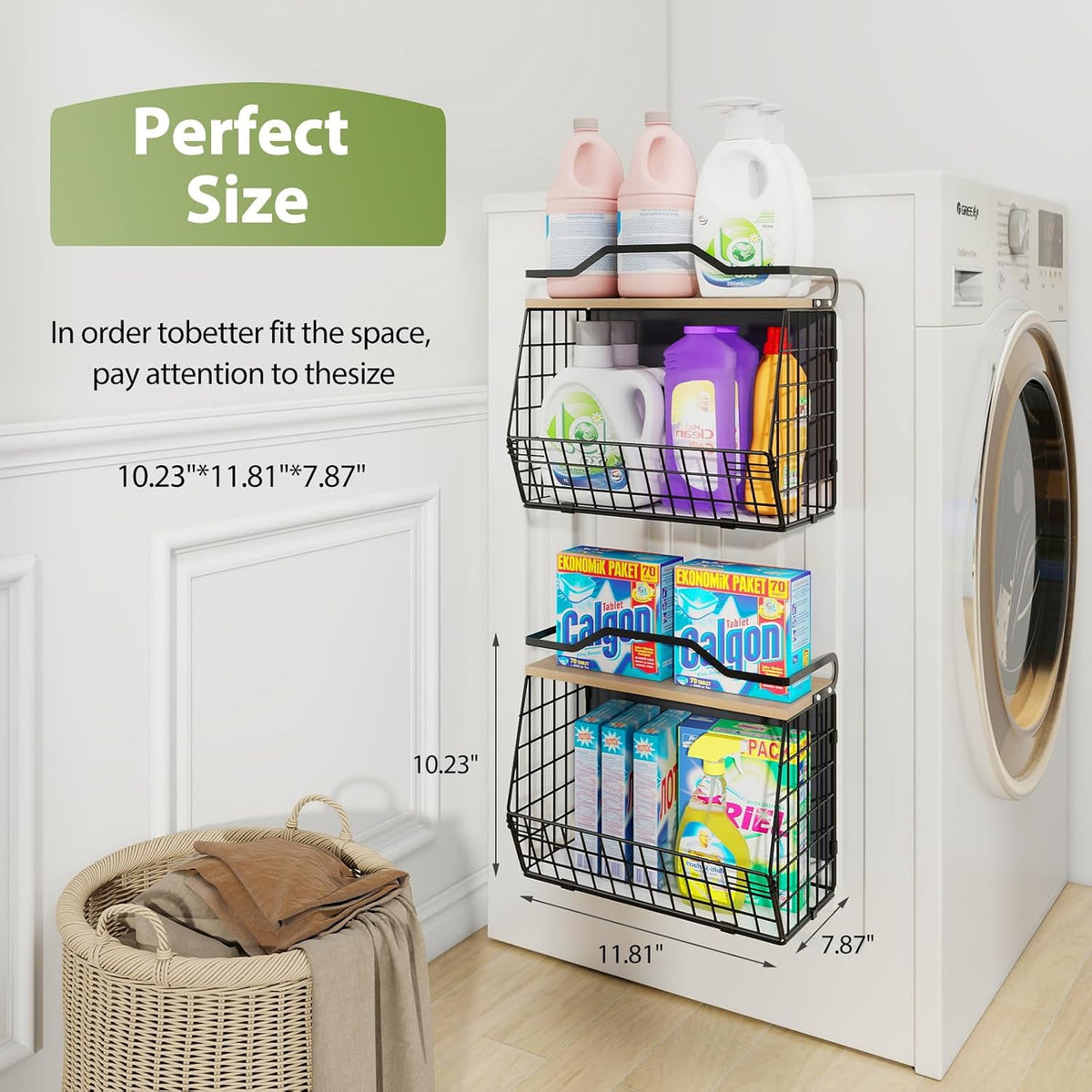 Wawocs Magnetic Shelf for Fridge with Wood Lid, 2 Tier Fruit Baskets Wall Mounted Hanging Basket with 4 Hanger Hooks, Potato and Onion Magnetic Storage Bins for Kitchen Counter, Refrigerator, Cabinet