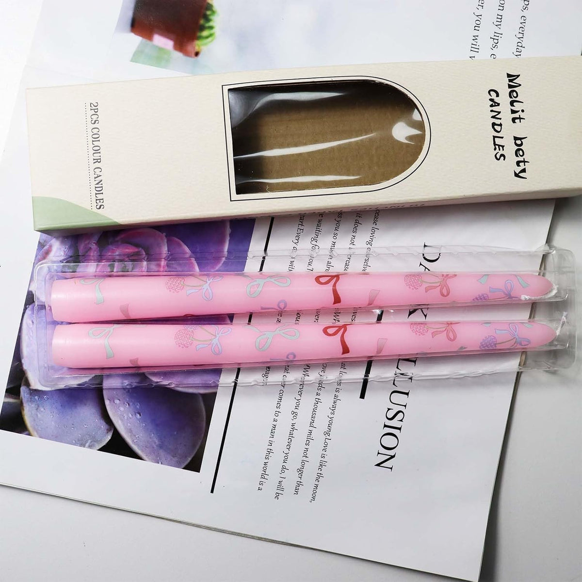 2 Pack Pink Taper Candle 10 Inch Bow-Printed Candles,Candlesticks Unscented Dripless Tapered Candl Set for Decor Wedding Party Dinner,Valentine's Day,Various Festivals to Celebrate (Bow, Pink)