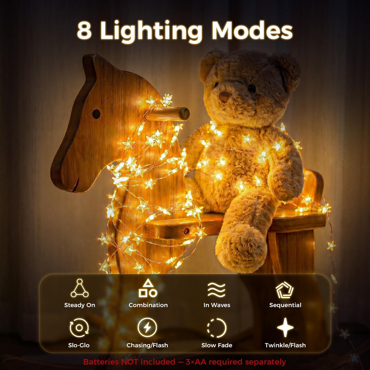 Star String Lights Battery Operated, 20ft 60 LED 8 Modes Copper Wire