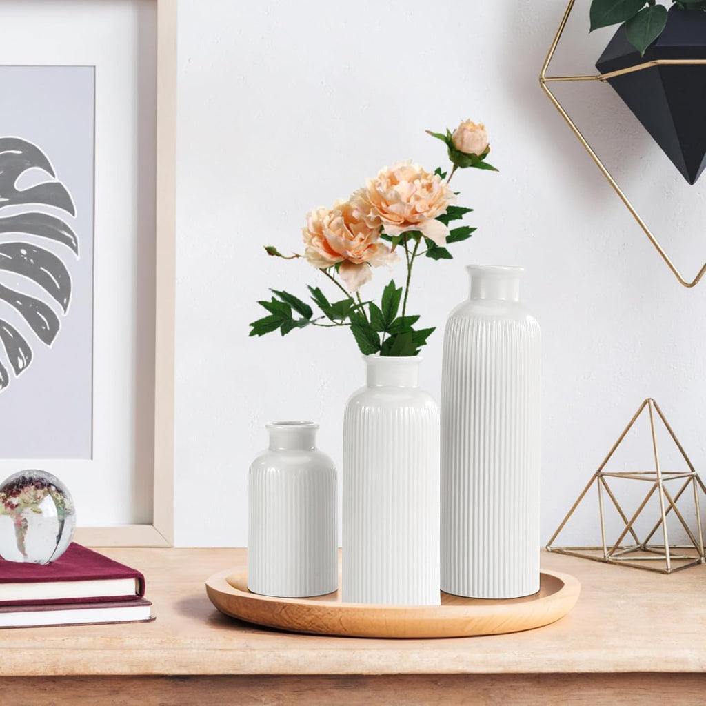 Small White Ceramic Vase Set of 3, Boho Modern White Flower Vase Room Decor, Farmhouse Decor, Vases for Your Kitchen, Bathroom, Bedroom, Living Room, Office&Shelf Centerpiece Table Decorations