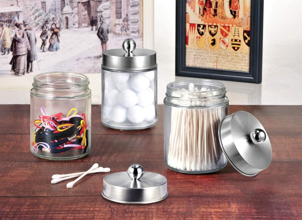 Amolliar Apothecary Jar Qtip Holder w/Metal Lid, Glass, Brushed Nickel