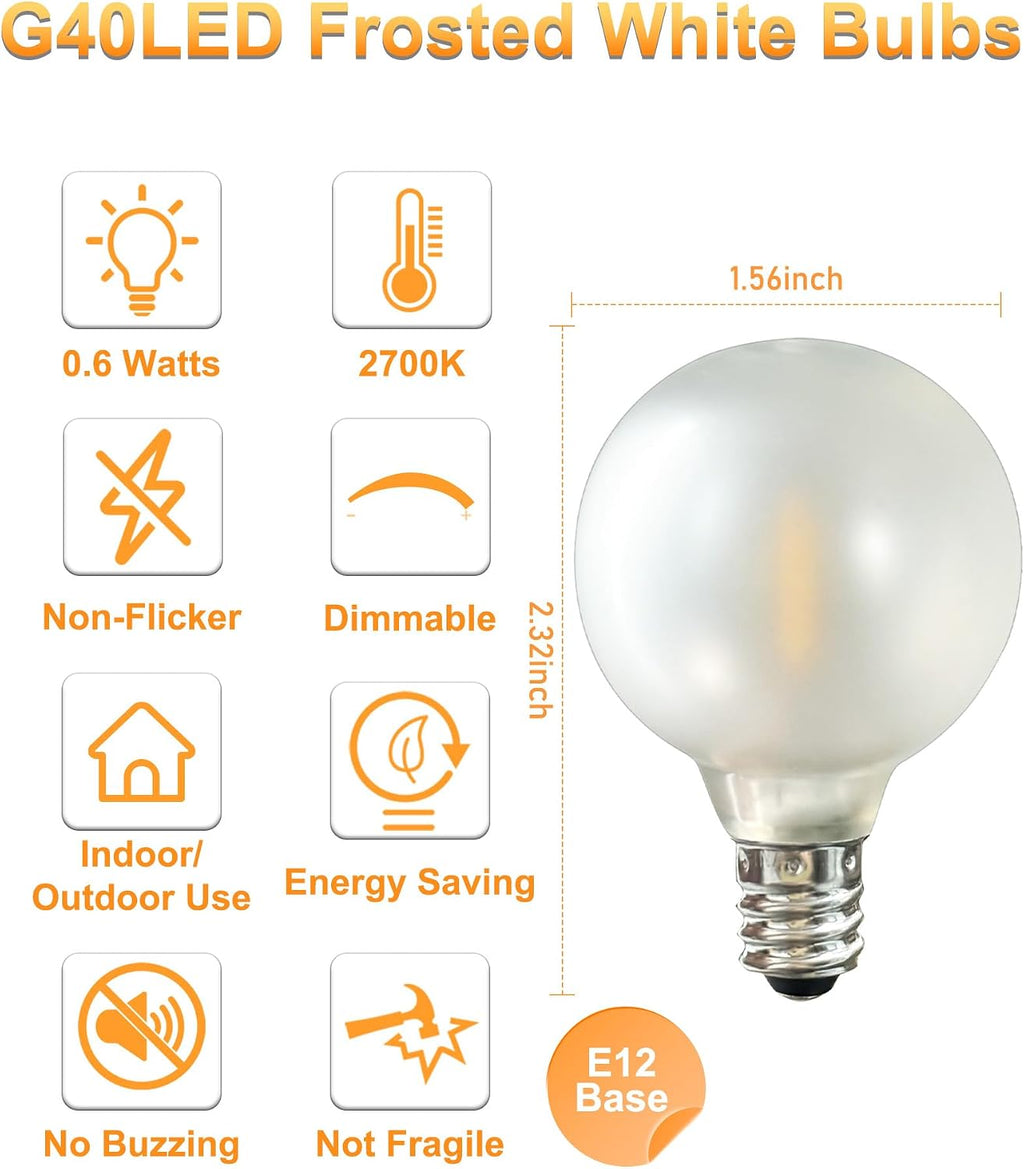 25Pack G40 LED Replacement Light Bulbs, 0.6W Frosted White LED Globe Bulbs for Outdoor String Light (E12 / C7 Screw Base Sockets), Warm White 2700K, Dimmable