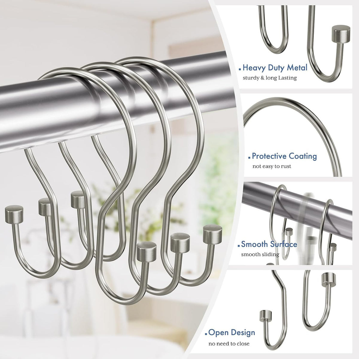 Bathway Shower Curtain Hooks Nickel Shower Curtain Rings with Cylinder, Shower Curtain Hangers 12Pcs Metal Double Shower Curtain Hooks Rust Proof, Smooth Shower Hooks Rings for Shower Curtain