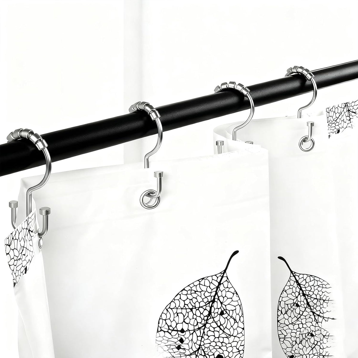 BBV Shower Curtain Hooks Rings, 12 Pcs Rust Resistant Metal Double Glide Shower Hooks for Bathroom Shower Rods Curtains (Chrome)