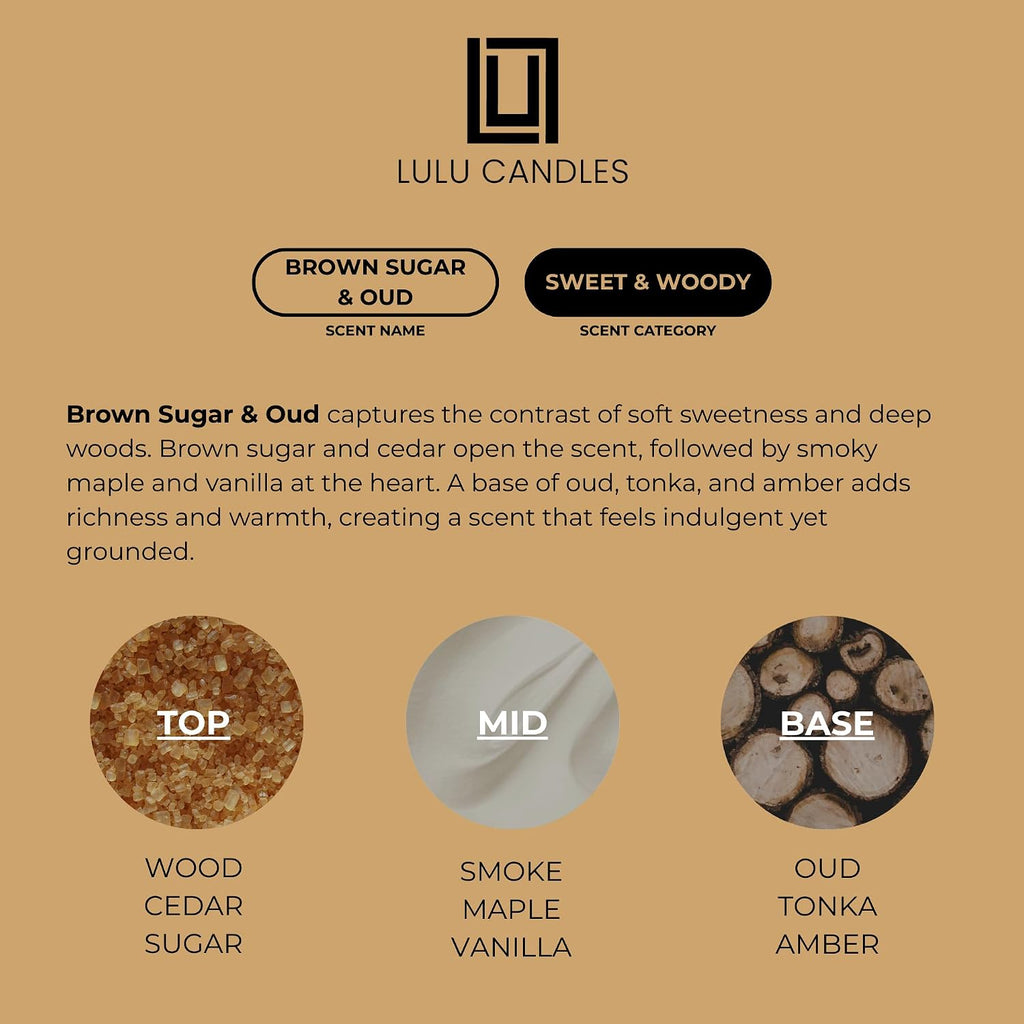 Lulu Candles | Reed Diffuser Set | Brown Sugar & Oud | 6 Reed Sticks | Scent Diffuser for Bedroom Bathroom Living Room & Office (4.2 FL Oz.)