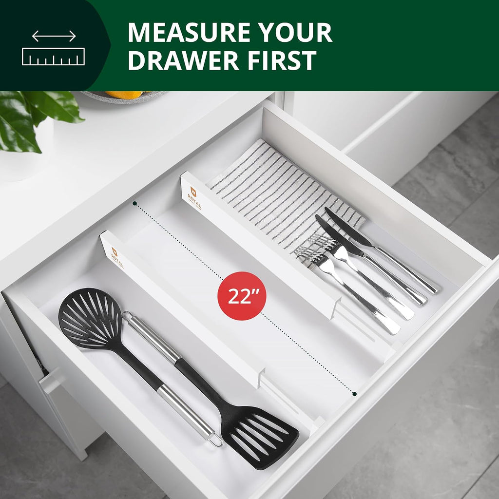 Bamboo Drawer Dividers Organizers, Adjustable Drawer Separator Splitters, 17–22 Inches Expandable Drawer Divider Organizer for Large Utensils, Kitchen, Bedroom, Dresser & Office Drawers 4-Pack, White