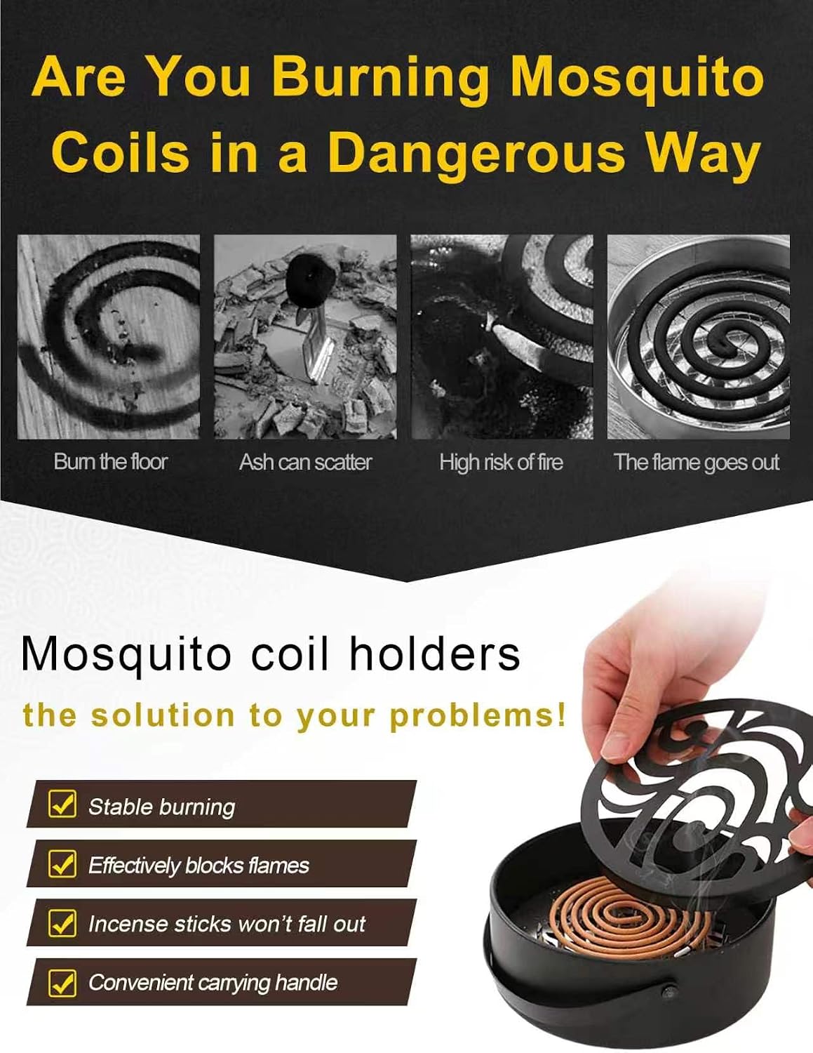 Mosquito Coil Holder Portable Iron with Handle Round Heat-Resistant Incense Holder for Home Office Camping (Style B)