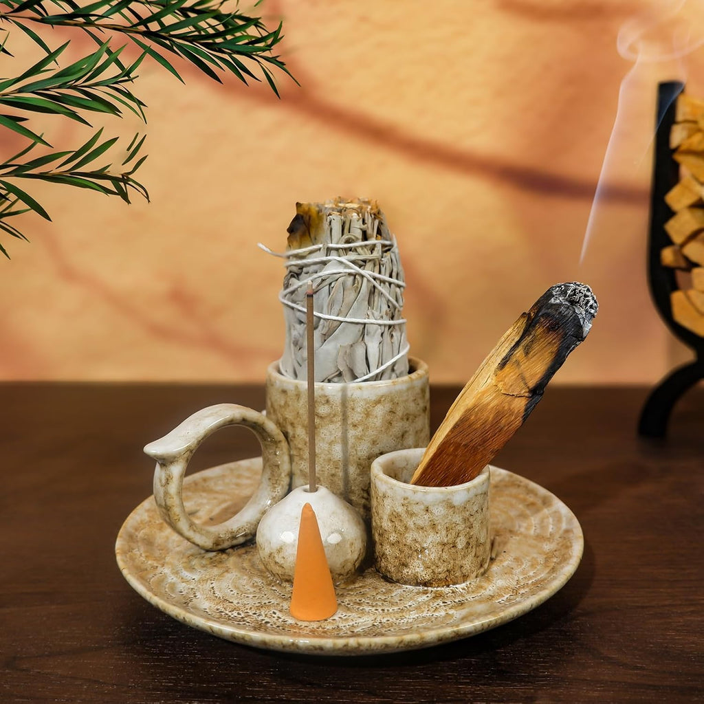 5 in 1 Ceramic Tabletop Incense Burner Holder for Palo Santo , Sage, Cones