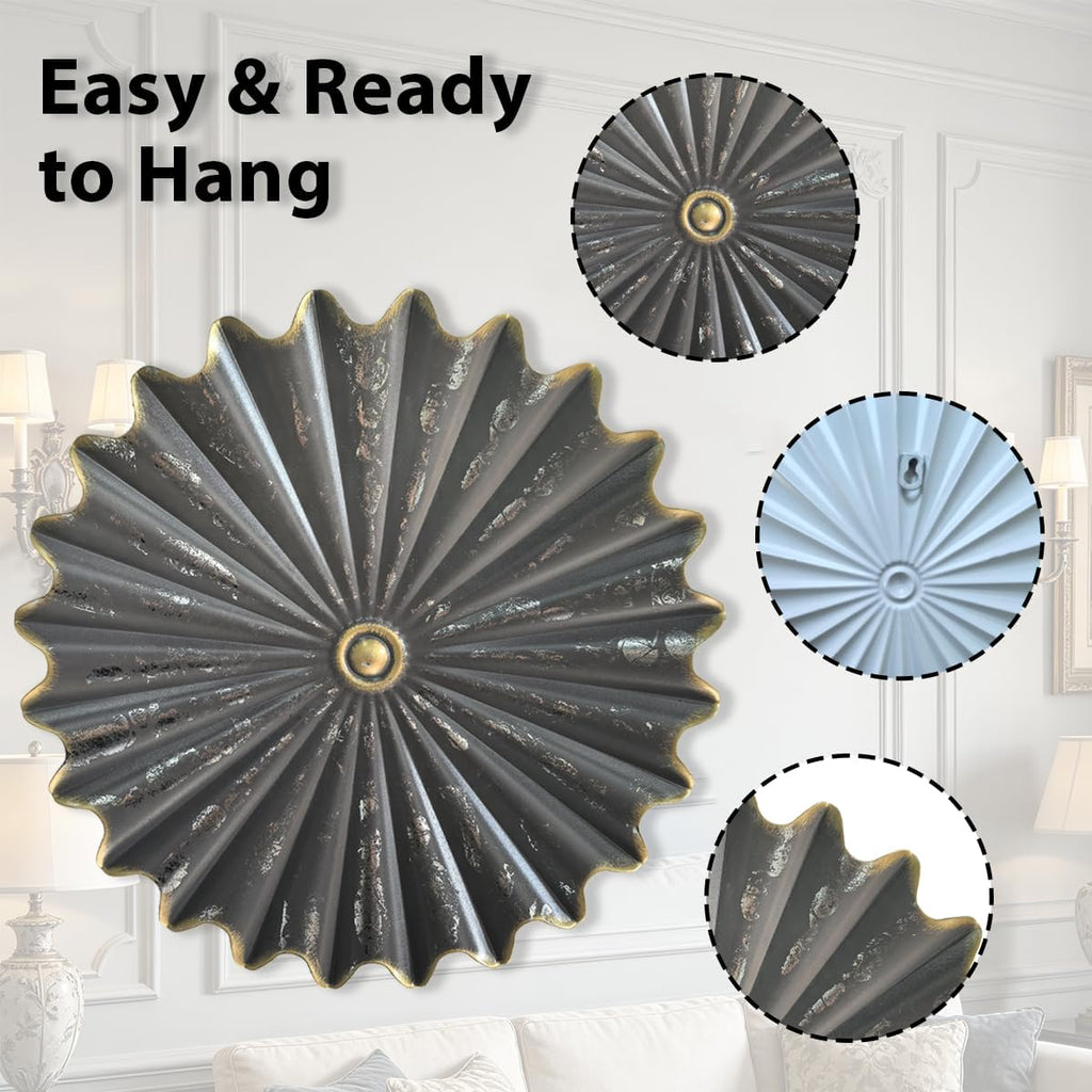 Metal Wall Sculpture,11.4''Distressed Black Gold Round Metal Wall Art Decor