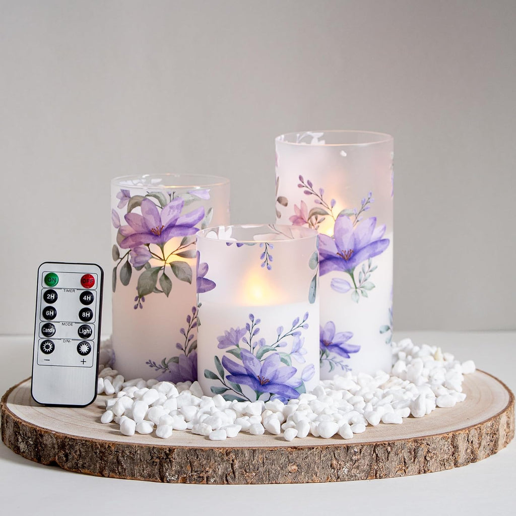 Flameless Flickering Glass Candles with Remote and Timer,Purple Flowers LED Battery Operated Real Wax Set of 3 Realistic Wick Electric Pillar Candles,Warm Fire(3 x 4, 5, 6 Inches)