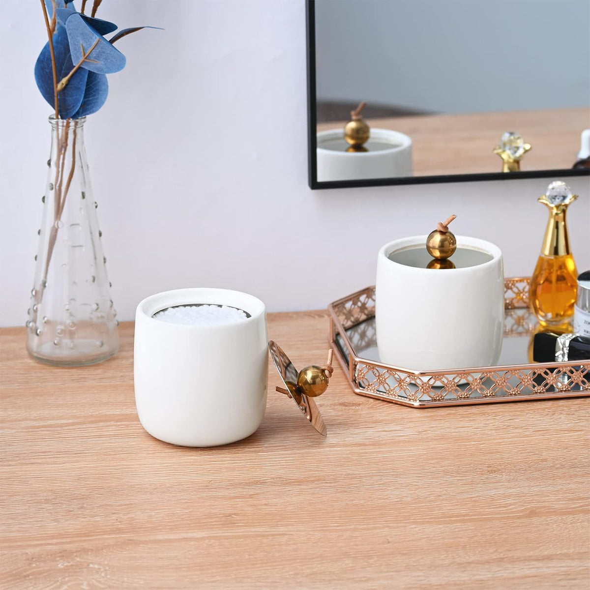 2 Pack Ceramic Qtip Holder Dispenser with Gold Lids, White Apothecary Jars Bathroom Vanity Organizer for Home Decor - Bathroom Canister for Cotton Swabs, Rounds, Balls, Makeup Sponges, Bath Salts