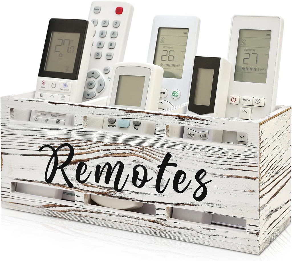 Rustic White Wooden Remote Control Holder for Wall Mount Table TV Organizer