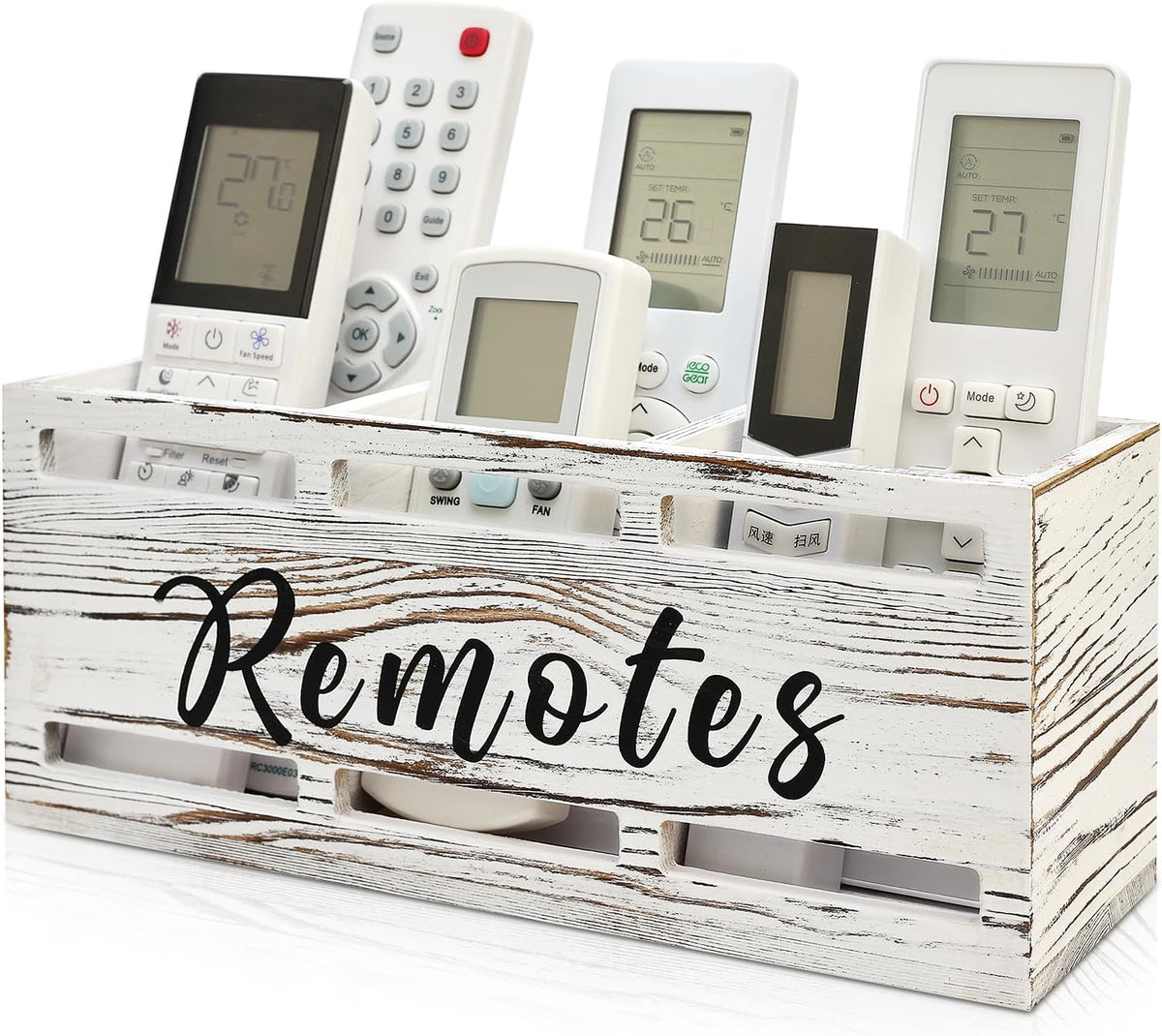 Rustic White Wooden Remote Control Holder for Wall Mount Table TV Organizer